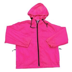 Vtg 80s 90s Pro Spirit Sz M Neon Hot Pink Hi Vis Nylon Hooded Windbreaker Jacket
